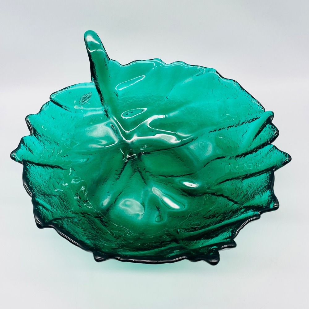 Blenko Art Glass Leaf‎ Bowl Teal Green Textured Mid Century Modern 13" x 11"